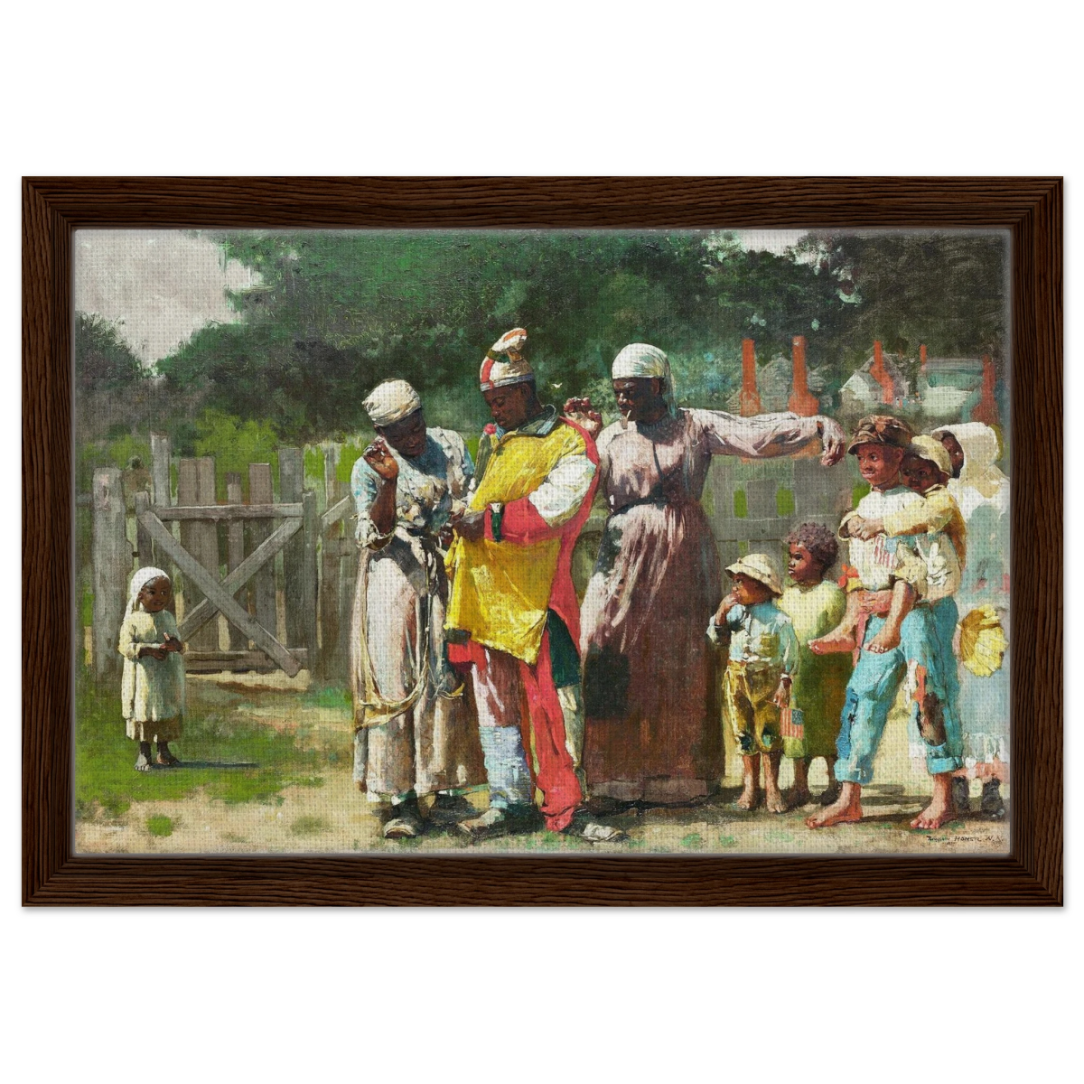 "Dressing for the Carnival" – Historical Americana Wall Art Print by Winslow Homer - Framed Canvas - 30x45 cm / 12x18″ - Dark wood frame