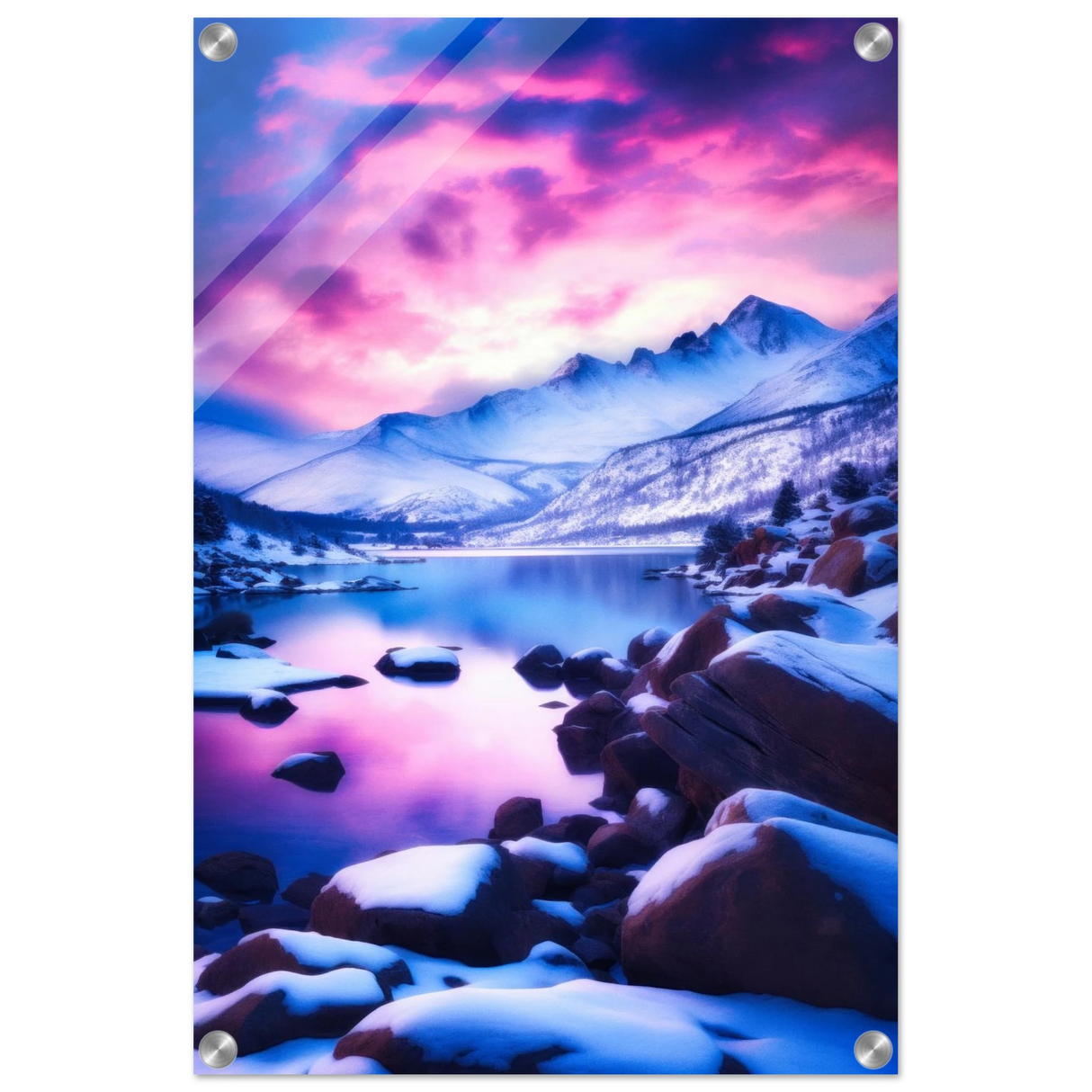 twilight serenity snowy mountain lake at sunset wall art print70x100 cm / 28x40″Wood Prints