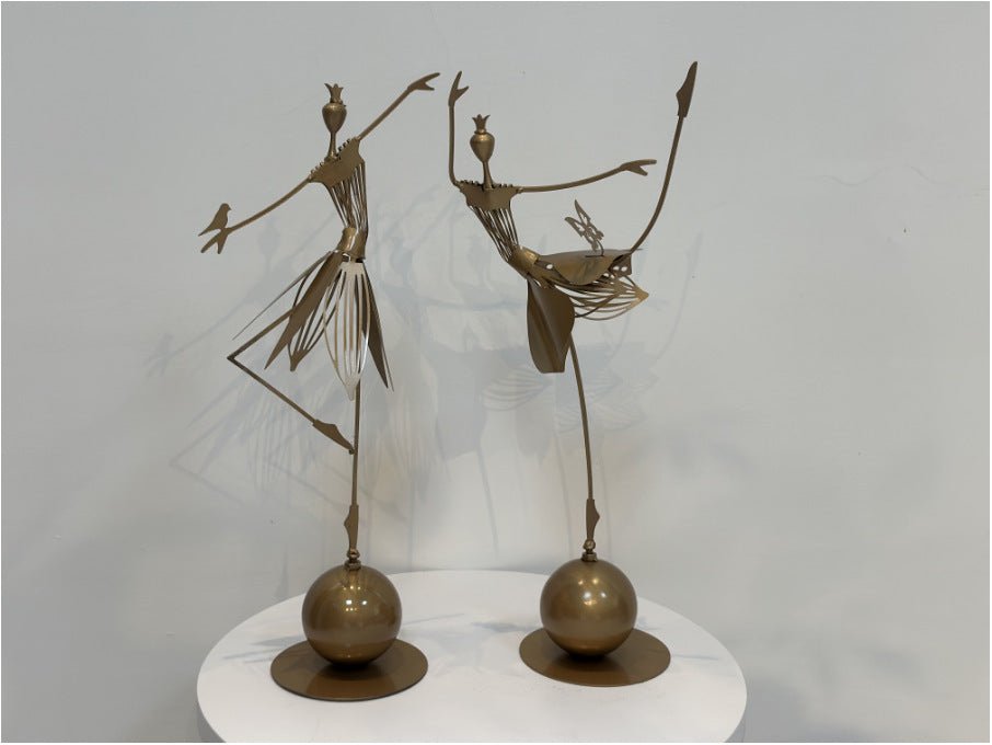 Elegant Metal Dancing Girl Sculptures – Butterfly & Bird Girl Figurines - Bird Girl - Dark Gold - 
