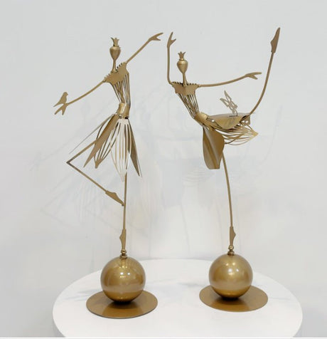 Elegant Metal Dancing Girl Sculptures – Butterfly & Bird Girl Figurines - Bird Girl - Dark Gold - 