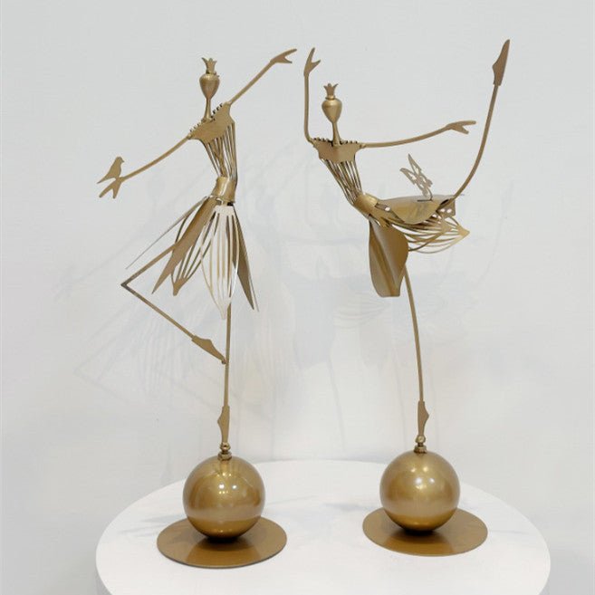 Elegant Metal Dancing Girl Sculptures – Butterfly & Bird Girl Figurines - Bird Girl - Dark Gold - 