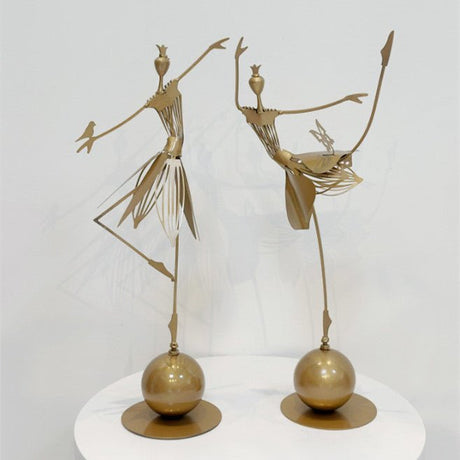 Elegant Metal Dancing Girl Sculptures – Butterfly & Bird Girl Figurines - Bird Girl - Dark Gold - 