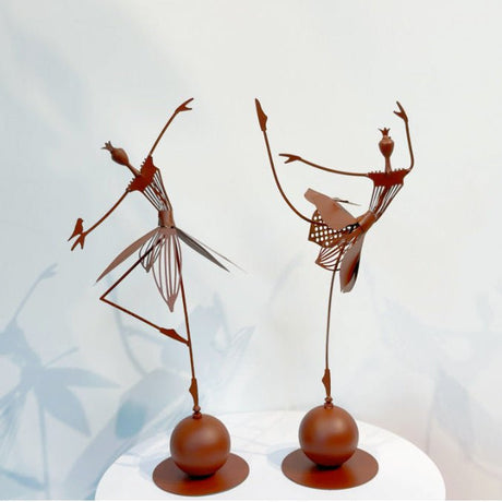 Elegant Metal Dancing Girl Sculptures – Butterfly & Bird Girl Figurines - Bird Girl - Red Rust - 