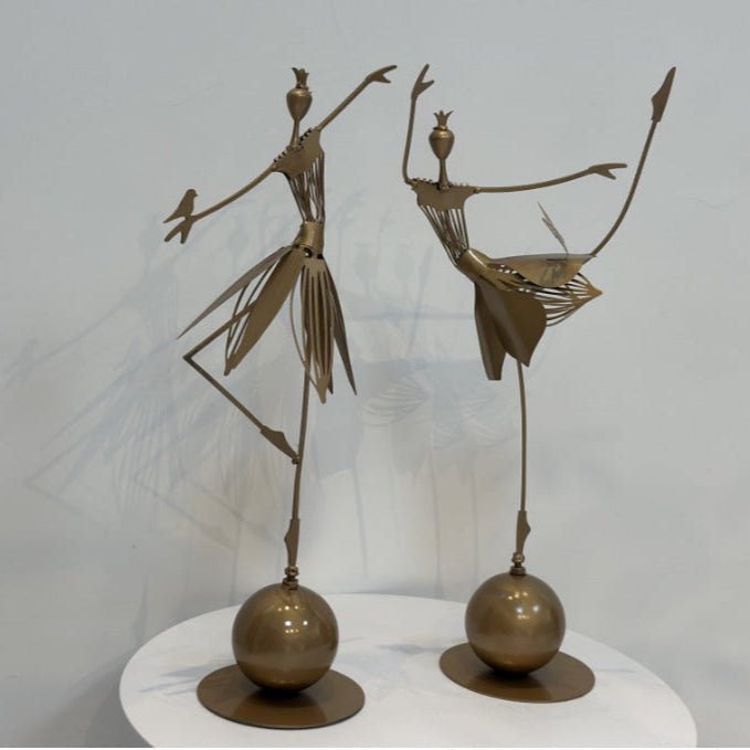 Elegant Metal Dancing Girl Sculptures – Butterfly & Bird Girl Figurines - Bird Girl - Dark Gold - 
