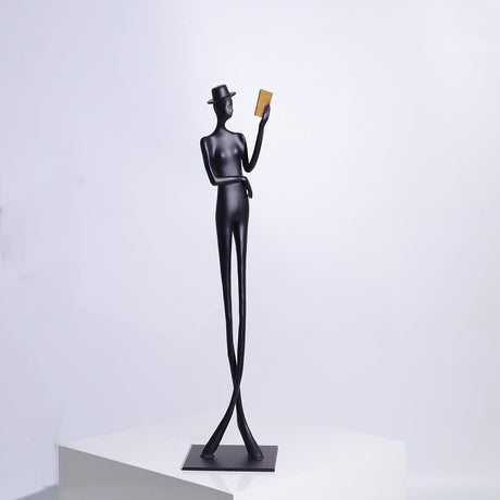 Elegant Reading woman Sculpture – Black Cast Aluminum Art Décor - 12 x 12 x 51 cm - 