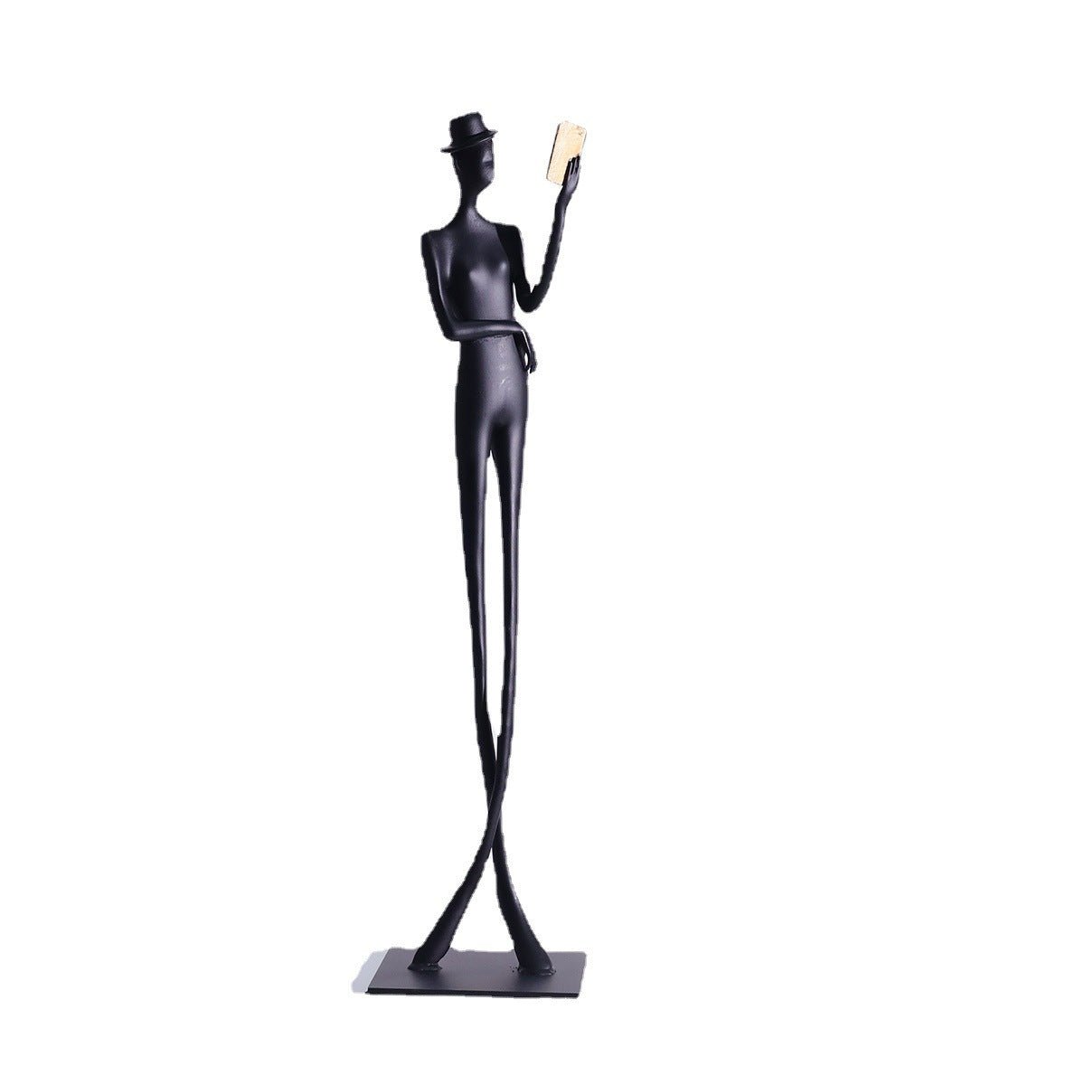 Elegant Reading woman Sculpture – Black Cast Aluminum Art Décor - 12 x 12 x 51 cm - 