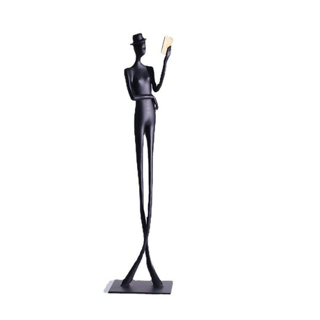 Elegant Reading woman Sculpture – Black Cast Aluminum Art Décor - 12 x 12 x 51 cm - 