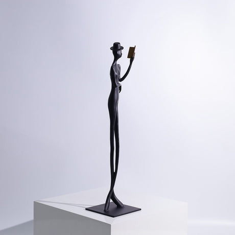 Elegant Reading woman Sculpture – Black Cast Aluminum Art Décor - 12 x 12 x 51 cm - 