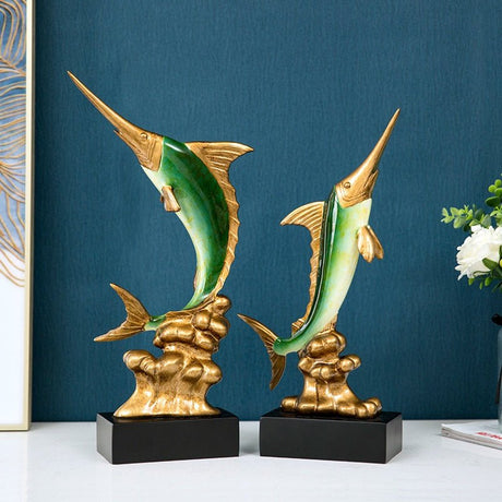 Elegant Swordfish Resin Sculptures – Ocean Inspired Home Décor - Bright Gold Swordfish – Pair - 