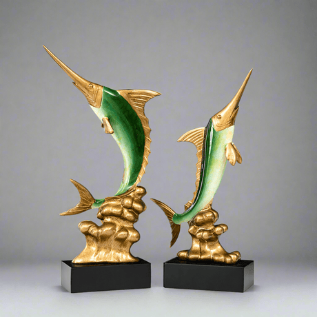 Elegant Swordfish Resin Sculptures – Ocean Inspired Home Décor - Bright Gold Swordfish – Pair - 