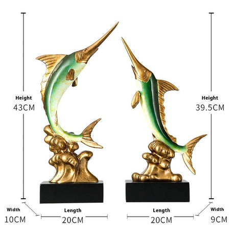 Elegant Swordfish Resin Sculptures – Ocean Inspired Home Décor - Ocean Green Swordfish – Pair - 