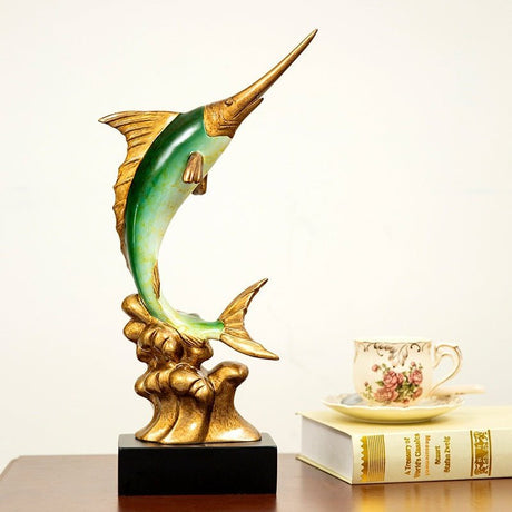 Elegant Swordfish Resin Sculptures – Ocean Inspired Home Décor - Bright Gold Swordfish – Pair - 