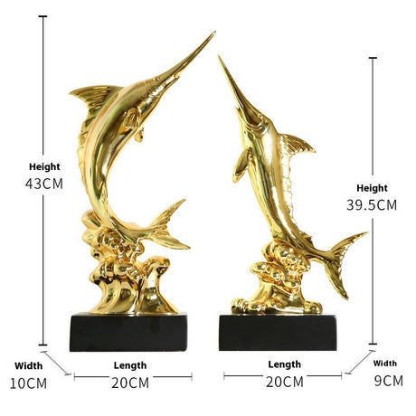Elegant Swordfish Resin Sculptures – Ocean Inspired Home Décor - Bright Gold Swordfish – Pair - 