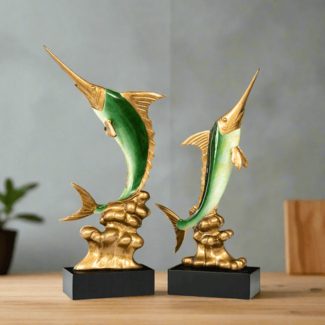 Elegant Swordfish Resin Sculptures – Ocean Inspired Home Décor - Bright Gold Swordfish – Pair - 