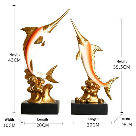 Elegant Swordfish Resin Sculptures – Ocean Inspired Home Décor - Coral Red Swordfish – Pair - 