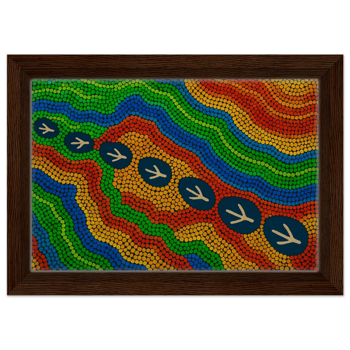 Emu Tracks Dreaming – Aboriginal Dot Painting Wall Art Print - Framed Canvas - 20x30 cm / 8x12″ - Dark wood frame