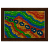 Emu Tracks Dreaming – Aboriginal Dot Painting Wall Art Print - Framed Canvas - 20x30 cm / 8x12″ - Dark wood frame