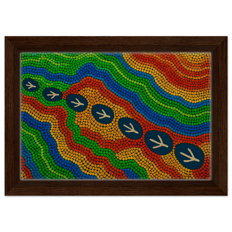 Emu Tracks Dreaming – Aboriginal Dot Painting Wall Art Print - Framed Canvas - 20x30 cm / 8x12″ - Dark wood frame