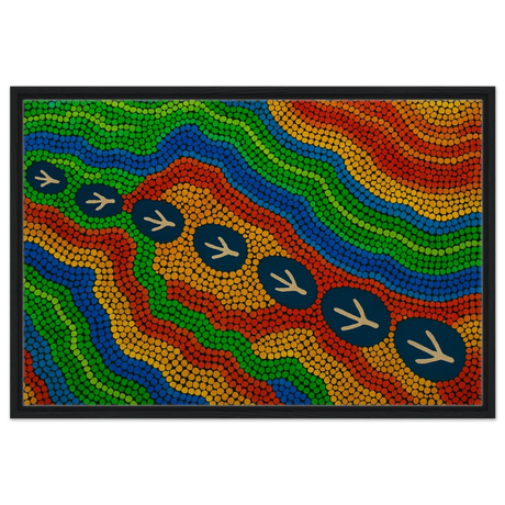 Emu Tracks Dreaming – Aboriginal Dot Painting Wall Art Print - Framed Canvas - 60x90 cm / 24x36″ - Black frame