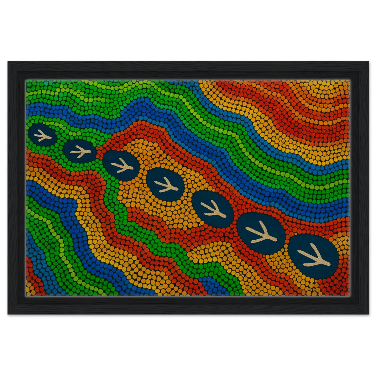 Emu Tracks Dreaming – Aboriginal Dot Painting Wall Art Print - Framed Canvas - 30x45 cm / 12x18″ - Black frame