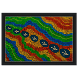 Emu Tracks Dreaming – Aboriginal Dot Painting Wall Art Print - Framed Canvas - 30x45 cm / 12x18″ - Black frame
