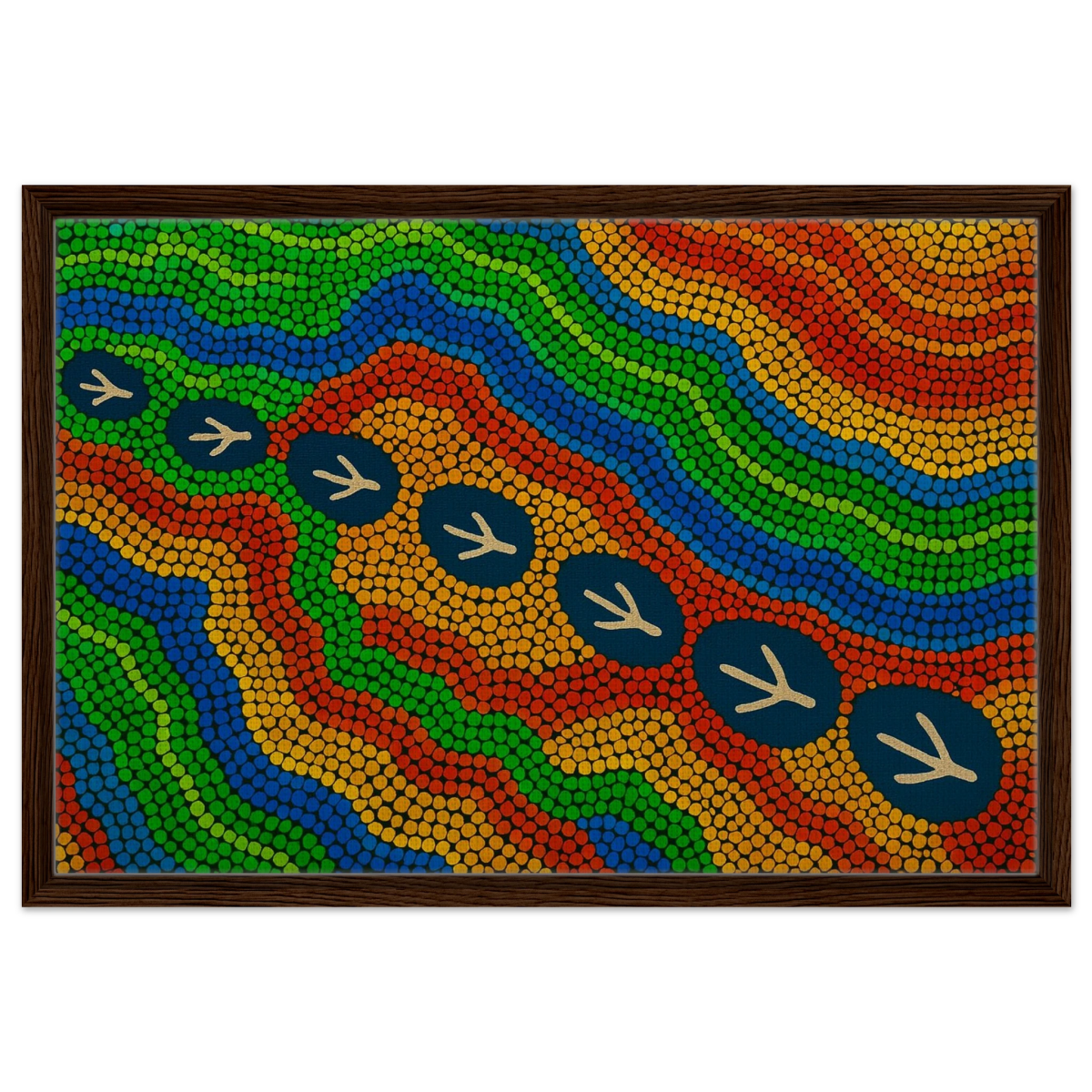 Emu Tracks Dreaming – Aboriginal Dot Painting Wall Art Print - Framed Canvas - 50x75 cm / 20x30″ - Dark wood frame