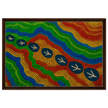 Emu Tracks Dreaming – Aboriginal Dot Painting Wall Art Print - Framed Canvas - 50x75 cm / 20x30″ - Dark wood frame
