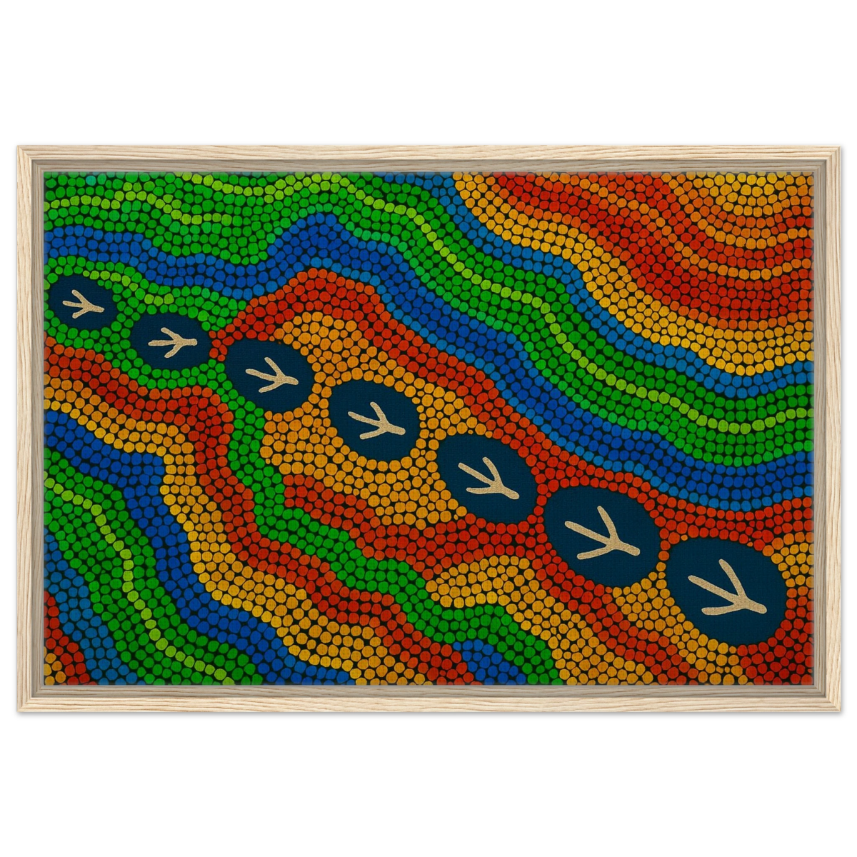 Emu Tracks Dreaming – Aboriginal Dot Painting Wall Art Print - Framed Canvas - 50x75 cm / 20x30″ - Wood frame