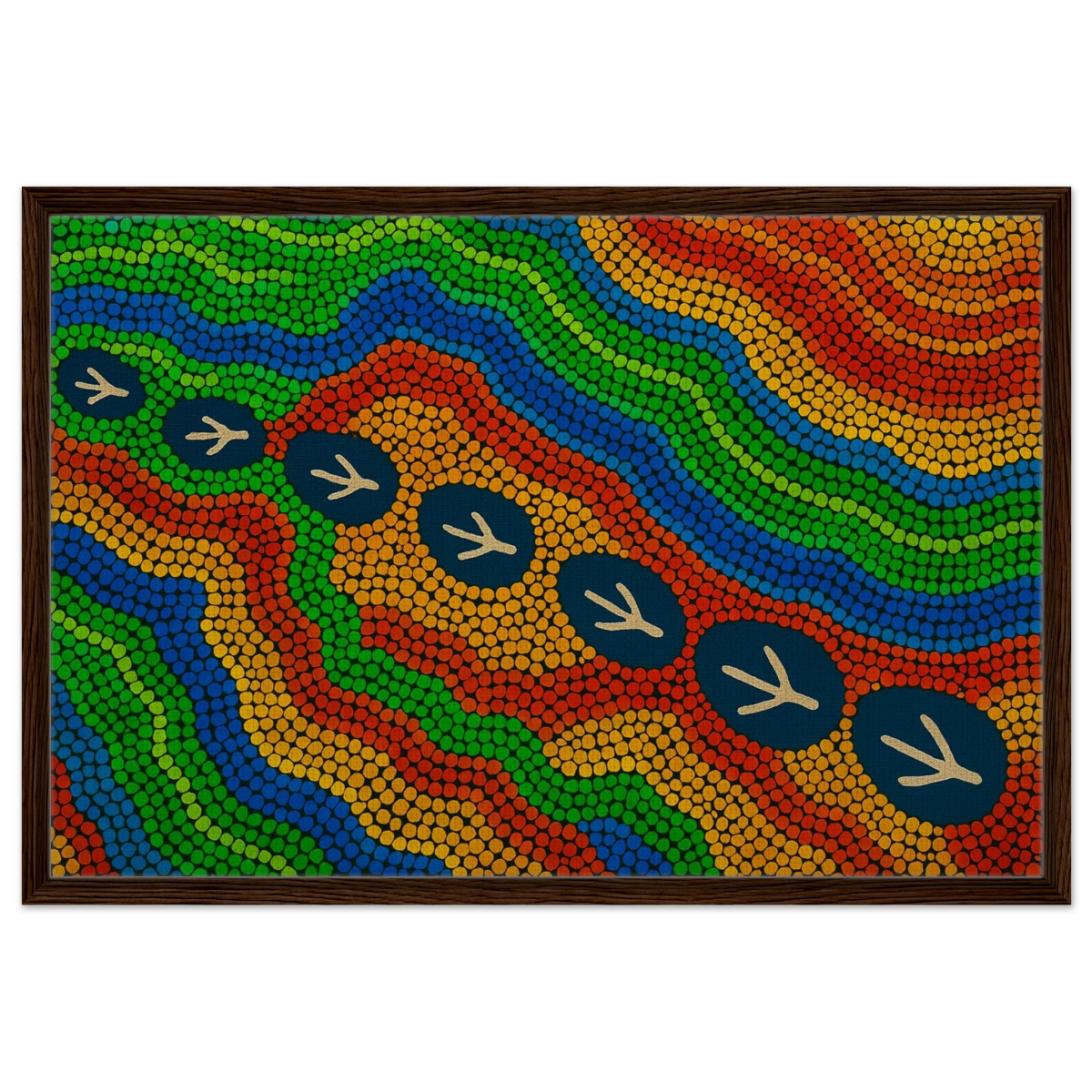 Emu Tracks Dreaming – Aboriginal Dot Painting Wall Art Print - Framed Canvas - 60x90 cm / 24x36″ - Dark wood frame