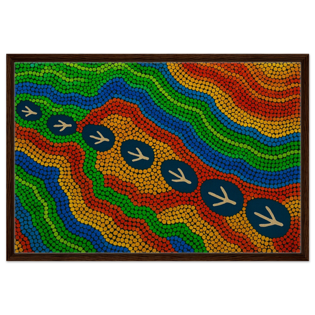 Emu Tracks Dreaming – Aboriginal Dot Painting Wall Art Print - Framed Canvas - 60x90 cm / 24x36″ - Dark wood frame
