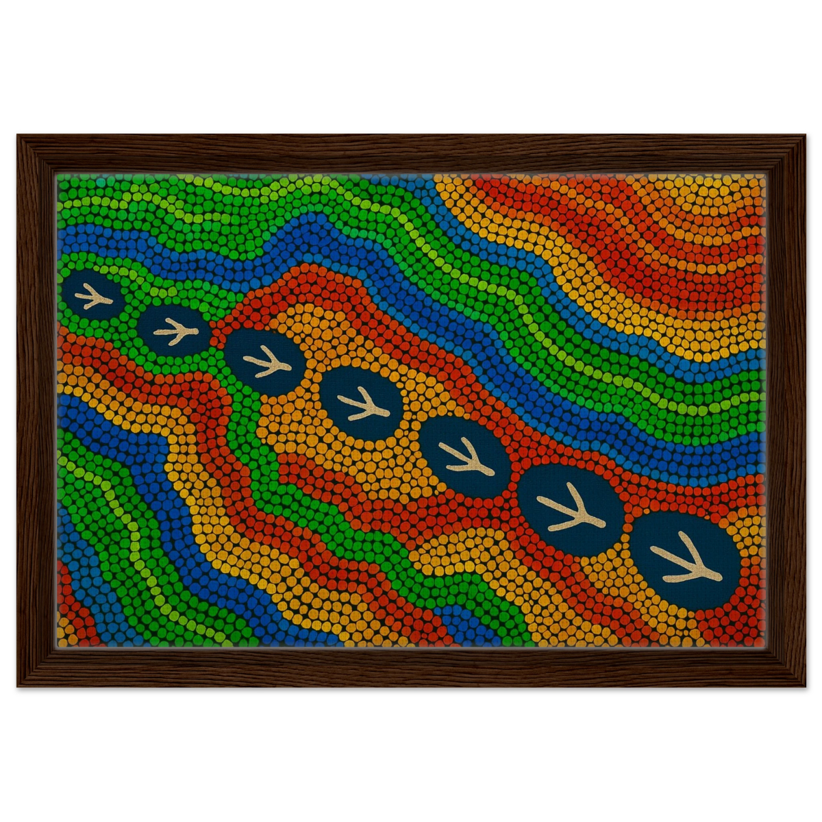 Emu Tracks Dreaming – Aboriginal Dot Painting Wall Art Print - Framed Canvas - 30x45 cm / 12x18″ - Dark wood frame