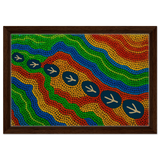 Emu Tracks Dreaming – Aboriginal Dot Painting Wall Art Print - Framed Canvas - 30x45 cm / 12x18″ - Dark wood frame