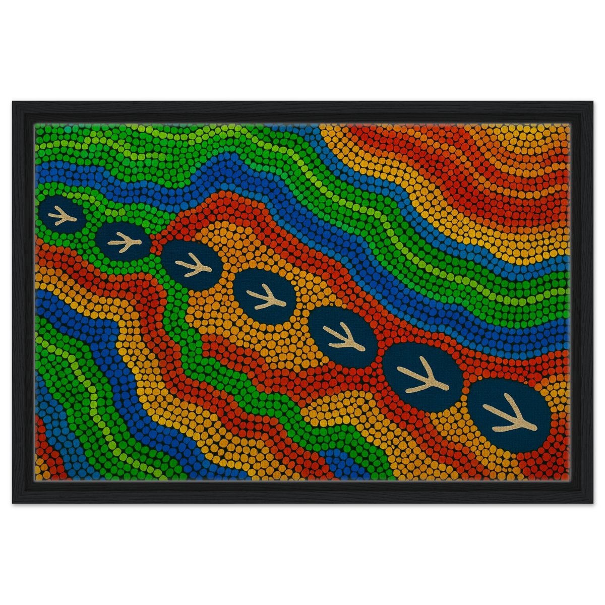 Emu Tracks Dreaming – Aboriginal Dot Painting Wall Art Print - Framed Canvas - 40x60 cm / 16x24″ - Black frame