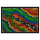 Emu Tracks Dreaming – Aboriginal Dot Painting Wall Art Print - Framed Canvas - 40x60 cm / 16x24″ - Black frame