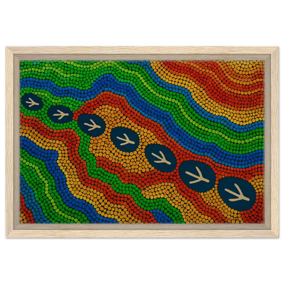 Emu Tracks Dreaming – Aboriginal Dot Painting Wall Art Print - Framed Canvas - 30x45 cm / 12x18″ - Wood frame