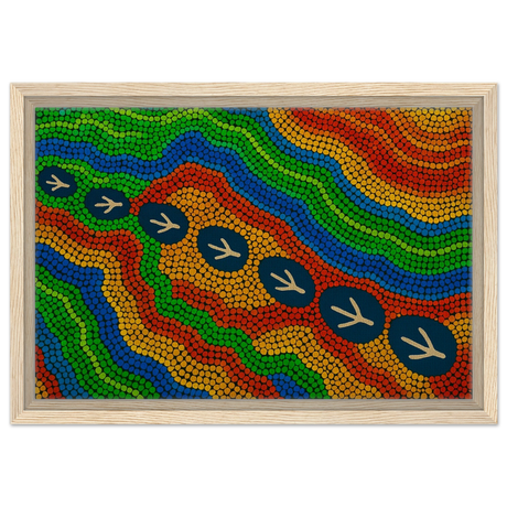 Emu Tracks Dreaming – Aboriginal Dot Painting Wall Art Print - Framed Canvas - 30x45 cm / 12x18″ - Wood frame