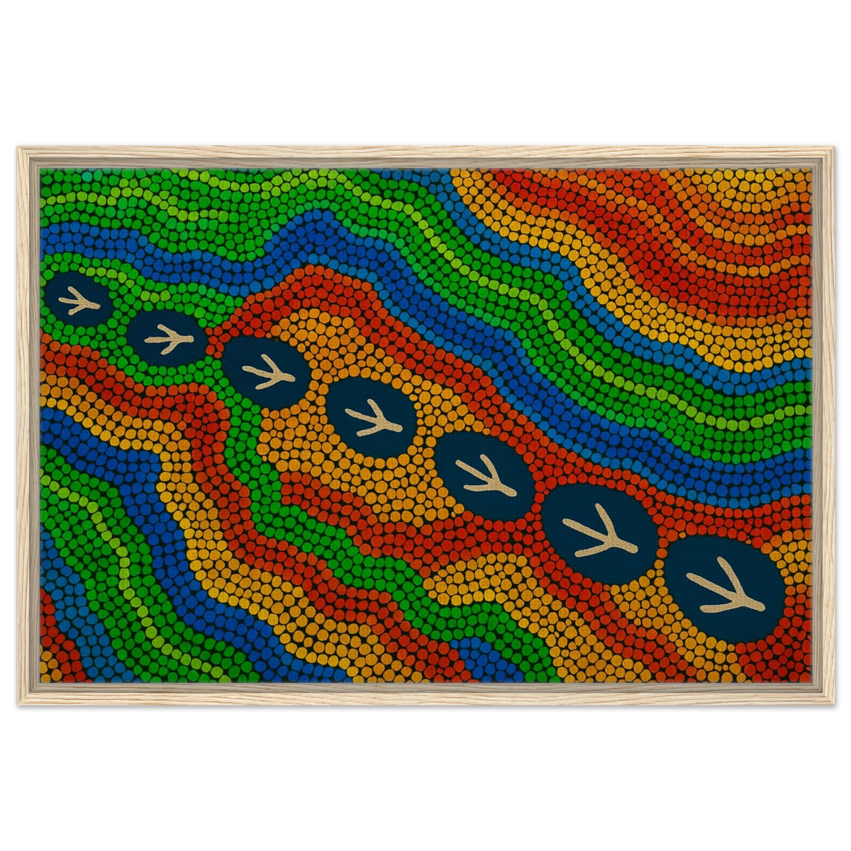 Emu Tracks Dreaming – Aboriginal Dot Painting Wall Art Print - Framed Canvas - 60x90 cm / 24x36″ - Wood frame