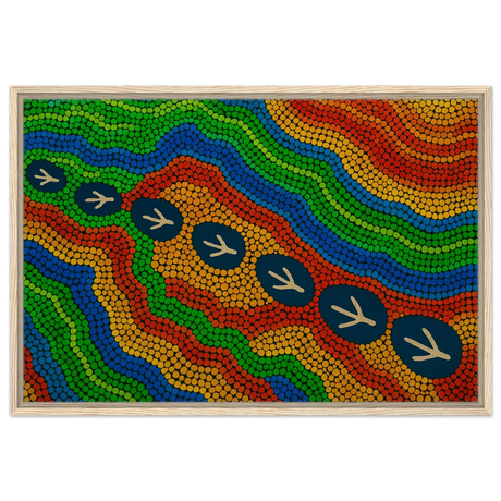 Emu Tracks Dreaming – Aboriginal Dot Painting Wall Art Print - Framed Canvas - 60x90 cm / 24x36″ - Wood frame