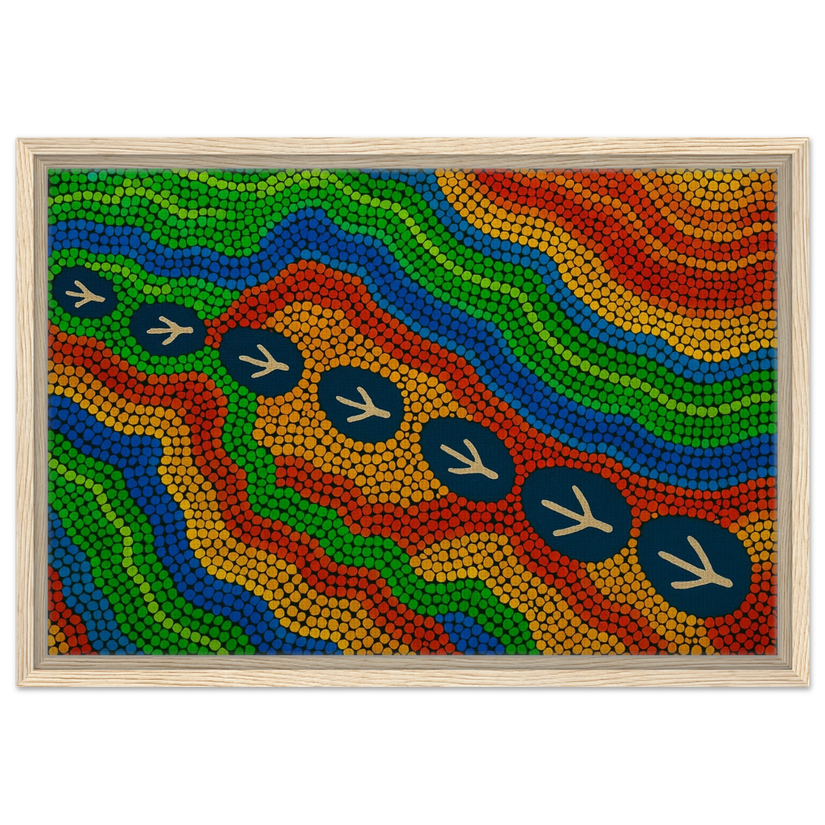 Emu Tracks Dreaming – Aboriginal Dot Painting Wall Art Print - Framed Canvas - 40x60 cm / 16x24″ - Wood frame