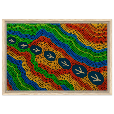Emu Tracks Dreaming – Aboriginal Dot Painting Wall Art Print - Framed Canvas - 40x60 cm / 16x24″ - Wood frame