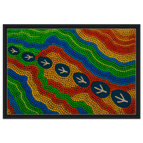 Emu Tracks Dreaming – Aboriginal Dot Painting Wall Art Print - Framed Canvas - 50x75 cm / 20x30″ - Black frame