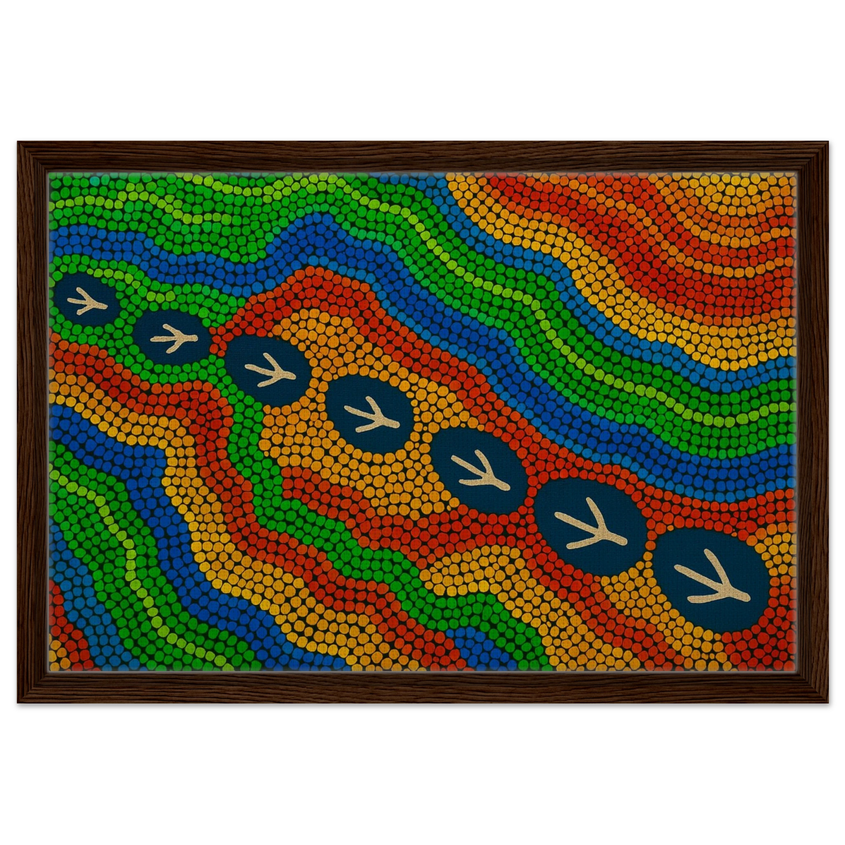 Emu Tracks Dreaming – Aboriginal Dot Painting Wall Art Print - Framed Canvas - 40x60 cm / 16x24″ - Dark wood frame
