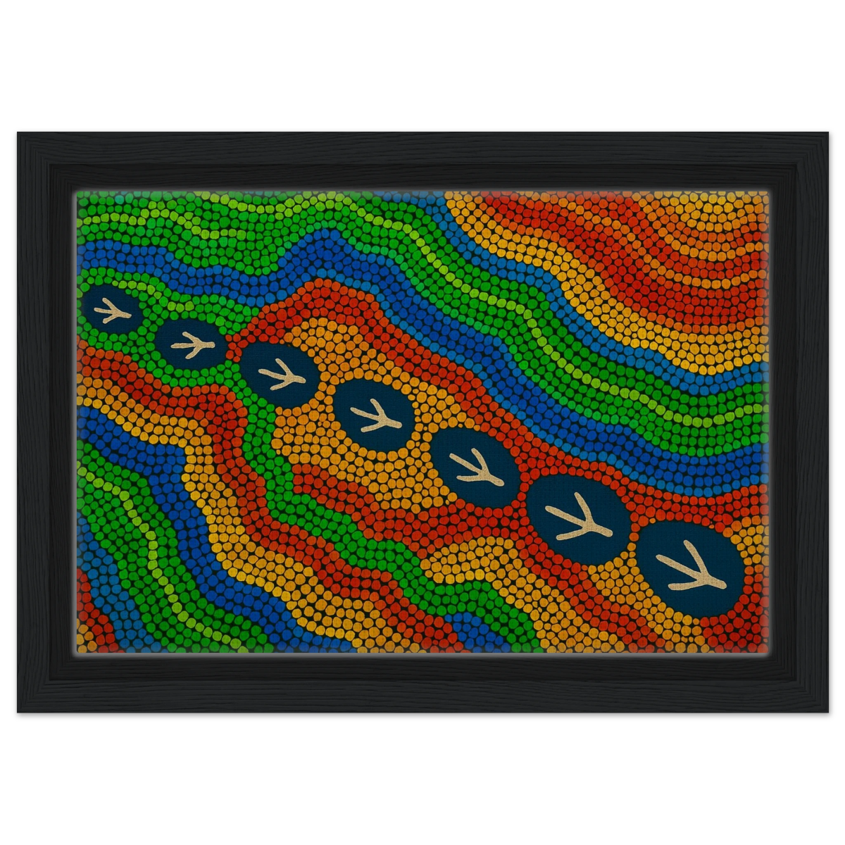 Emu Tracks Dreaming – Aboriginal Dot Painting Wall Art Print - Framed Canvas - 20x30 cm / 8x12″ - Black frame