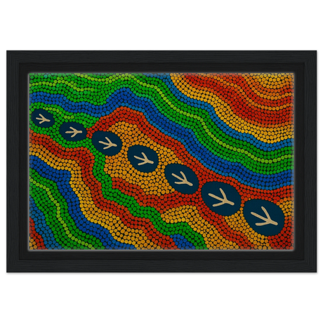 Emu Tracks Dreaming – Aboriginal Dot Painting Wall Art Print - Framed Canvas - 20x30 cm / 8x12″ - Black frame