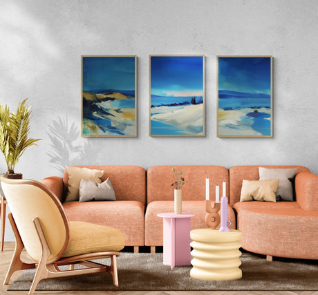 "Ethereal Coastline – Set of 3" – Abstract Seascape Serenity | wall art trio set - Framed Canvas - 30X45 CM / 12X18″ - Wood frame