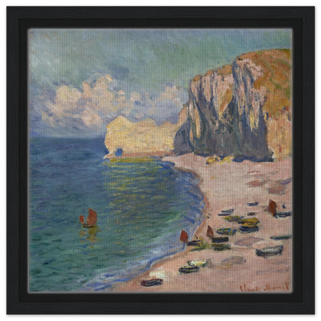 Étretat, The Beach and the Falaise d'Amont (1885) – Claude Monet Wall Art Print - Framed Canvas - 30x30 cm / 12x12″ - Black frame