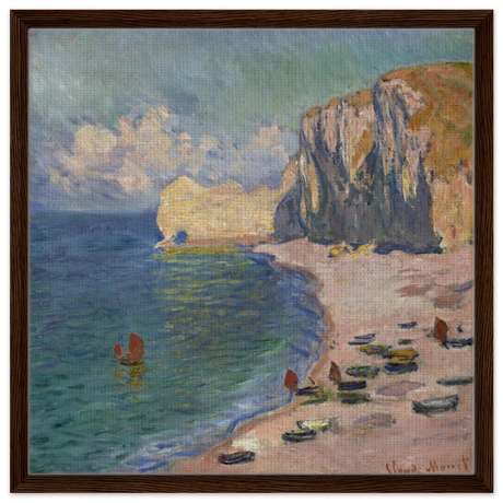 Étretat, The Beach and the Falaise d'Amont (1885) – Claude Monet Wall Art Print - Framed Canvas - 60x60 cm / 24x24″ - Dark wood frame