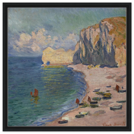Étretat, The Beach and the Falaise d'Amont (1885) – Claude Monet Wall Art Print - Framed Canvas - 60x60 cm / 24x24″ - Black frame