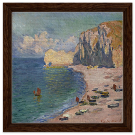Étretat, The Beach and the Falaise d'Amont (1885) – Claude Monet Wall Art Print - Framed Canvas - 30x30 cm / 12x12″ - Dark wood frame
