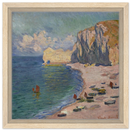 Étretat, The Beach and the Falaise d'Amont (1885) – Claude Monet Wall Art Print - Framed Canvas - 30x30 cm / 12x12″ - Wood frame